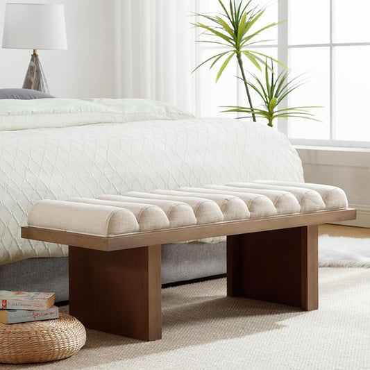 HEAH-YO Modern Bedroom Bench,47 Inches Upholstered Entryway Bench for Bedroom End of Bed with Cylindrical Cushion/Brown Wood Leg,Window Ottoman for Living Room Hallway,Linen Beige