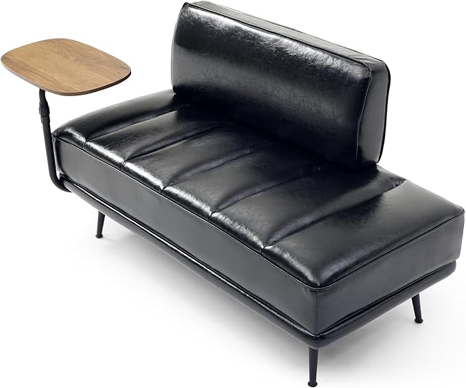 Modern Upholstered End of Bed Bench with 360-Degree Swivel Tray, 2 Seater Sofa Couch with Side Table, Settee Bench with Metal Legs Backrest for Living Room,Entryway,Foyer (PU-With Tray, Black)