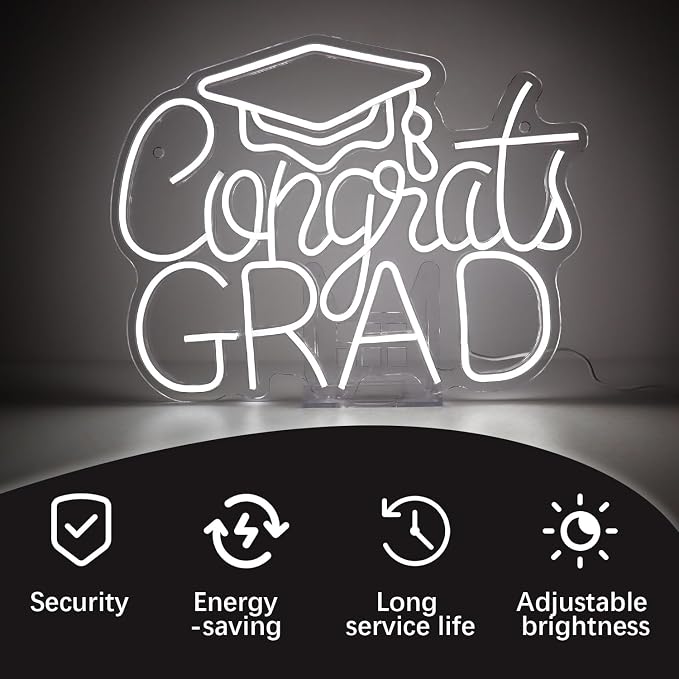 “Congrats Grad” White Neon Sign – 16.5×12.6 in Crisp LED Backdrop for Grad Photos, 6000K Bright Light, Dimmable with Wired Dimmer, Includes Wall Anchors – Tech Grad Gift