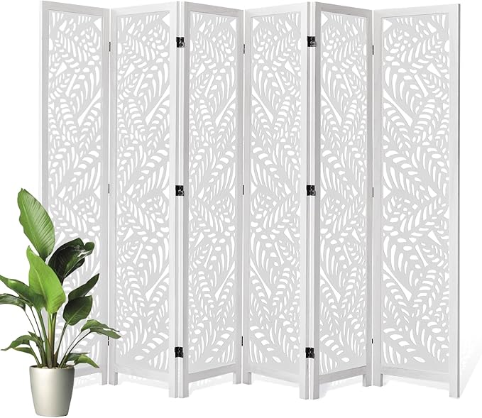 Leaf-Carved Room Divider Privacy Screen - 67 Inch Tall Foading Decorative Wood Screen Dividers Panel for Home - Natural Wood Room Partitions for Enhanced Privacy and Style White 6 Panel