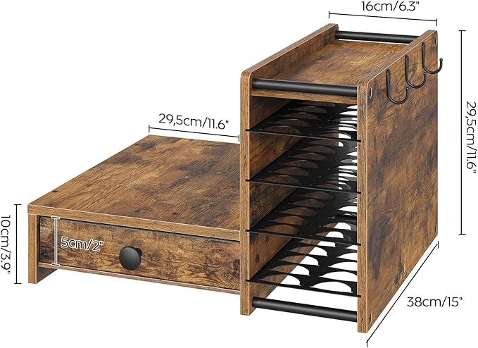 YATINEY Coffee Pod Drawer Holder, 4 Tier Holder for Vertuo, 72 Pods Large Capacity, Coffee Station Organizer with Storage Drawer and 3 Hooks, Rustic Brown and Black KH02BR