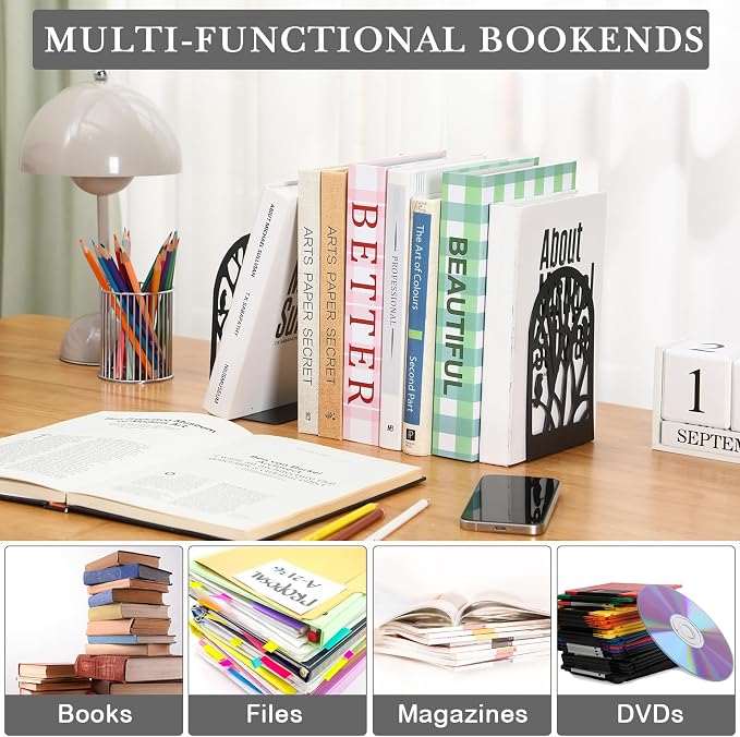 Faccito 5 Pairs Decorative School Book Ends, Black Metal Bookends for Shelves, Tree and Flower Book Stoppers, Non Skid Heavy Duty Holders for Books, Home Office Supplies, 6.9 x 4.7 x 3.4 Inch(Modern)