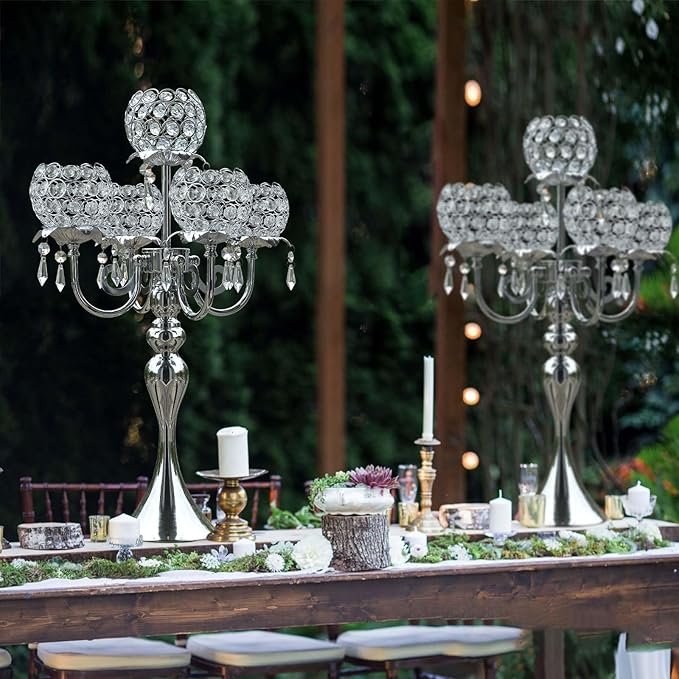 Silver 5 Arms 22.5 Inch Crystal Exquisite Candle Holder with Pendant, Elegant Table Decoration Home Decor for Restaurant Party Birthday Wedding Date