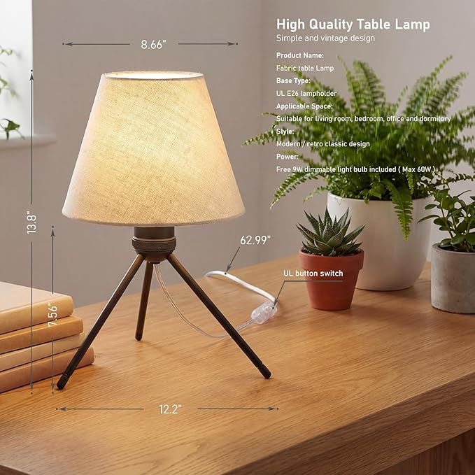 Modern Table Lamp Small Bedside Lamp Metal Linen 13.8 Inches, Soft Light (3000K), Simple Style Design, Button Switch, Suitable for Nightstand Bedroom Lamp, Study and Dormitory (Sand Black)