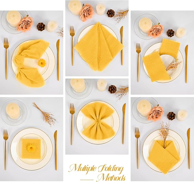 36 Pack Yellow Handmade Cloth Napkins 12 x 12 Inch Cotton Linen Napkins with Fringe, Washable and Reusable Napkins, Soft Rustic Boho Fringe Cloth Napkins for Dinners,Parties, Wedding