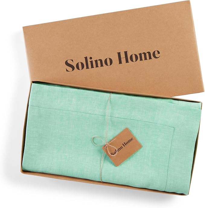 Solino Home Linen Tablecloth 60 x 90 Inch - 100% Pure Linen Chambray Aqua Table Cloth for Rectangle Tables - Athena, Machine Washable Tablecloth for Summer
