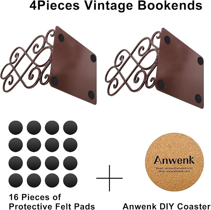 Anwenk Vintage Bookends Book Ends Bronze Heavy Duty Book Holders Long Base Luxury Art Retro Antique Style, w/Felt Pads to Protect Bookshelf Bookcase, Bronze, 2Pair