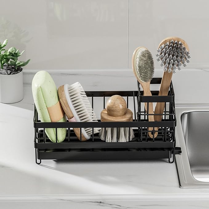 Sponge Holder,Kitchen Sink Caddy Organizer with High Brush Holder, Stainless Steel Kitchen Countertop Organizers and Storage Accessories,Soap Dispenser Organize (Black, 9.65"*3.94"*3.94")