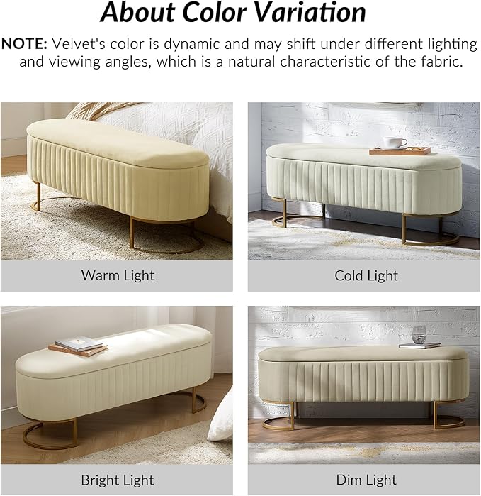50.5” Velvet Storage Ottoman Bench with Gold-Toned Legs, Luxury Upholstered End of Bed Multi-Functional Footrest & Seat for Bedroom & Entryway