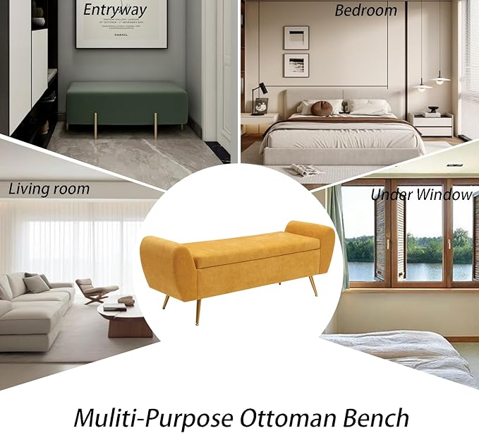 Storage Bench for Bedroom, 55" Extra Long Bench for King Size Bed, Modern Upholstered End of Bed Ottoman Bench with Arms for Entryway Living Room (Chenille, Mustard Yellow)