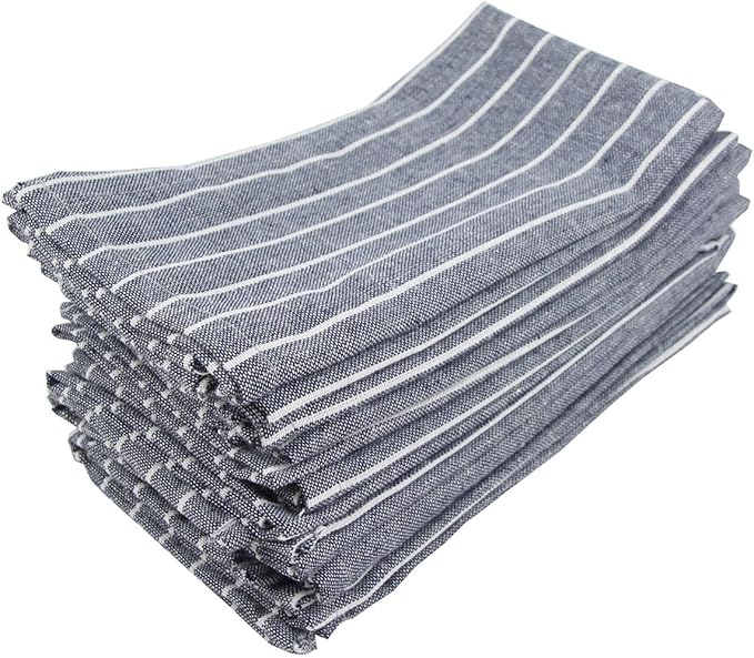 White Striped Linen Cotton Dinner Cloth Napkins - Set of 12 (40 x 30 cm) - for Events & Home Use (Navy)