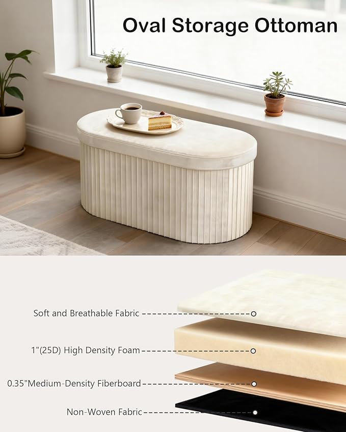 GLAXYFUR Oval Folding Storage Ottoman, Velvet Upholstered Foot Rest, 30 x 15 x 15 Inches Storage Bench for Bedroom, Living Room & Entryway (Beige-New)