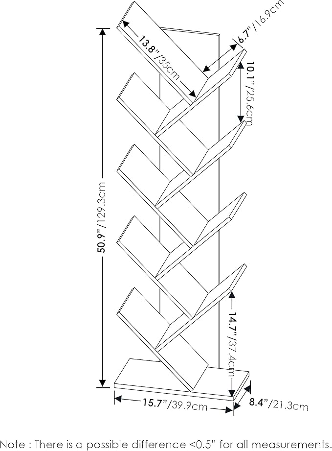 Furinno TREE Book Shelf, 9-Tier Bookshelf, Tree Bookcase with Angled Open Shelf, 8.4 x 15.7 x 50.9, for Room Decor, for Living Room, Bedroom, Home Office, Espresso
