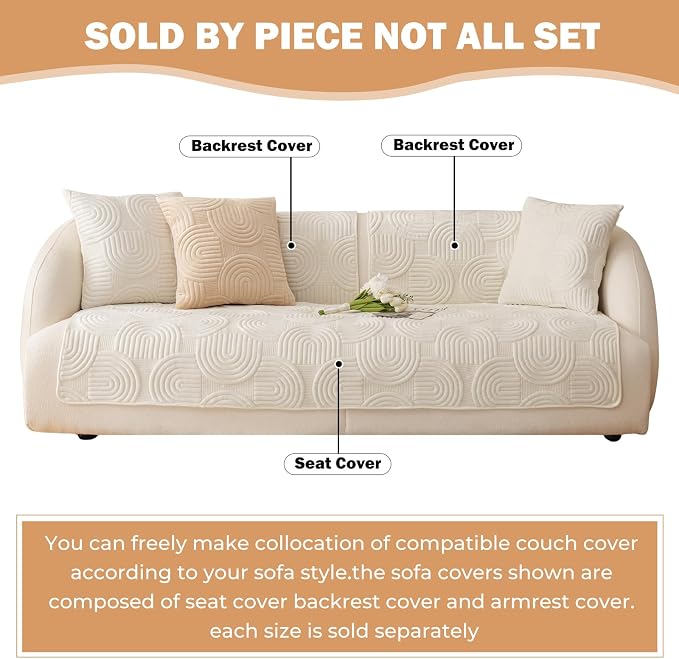 Soft Plush Geometric Quilted Couch Sofa Cover Boho Non Slip Fuzzy Sectional Couch Cover Solid Color Washable Sofa Slipcover Furniture Protector for Kids Dogs Cats (Ivory,43"x63")