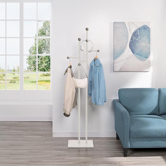 JIAYUEJU Free Standing Coat Rack with Marble Base & 8 Steel Hooks Clothes Rack for Entryway Bedroom Living Room Hotel 14.96 x 10.24 x 68.9 Inches (White)