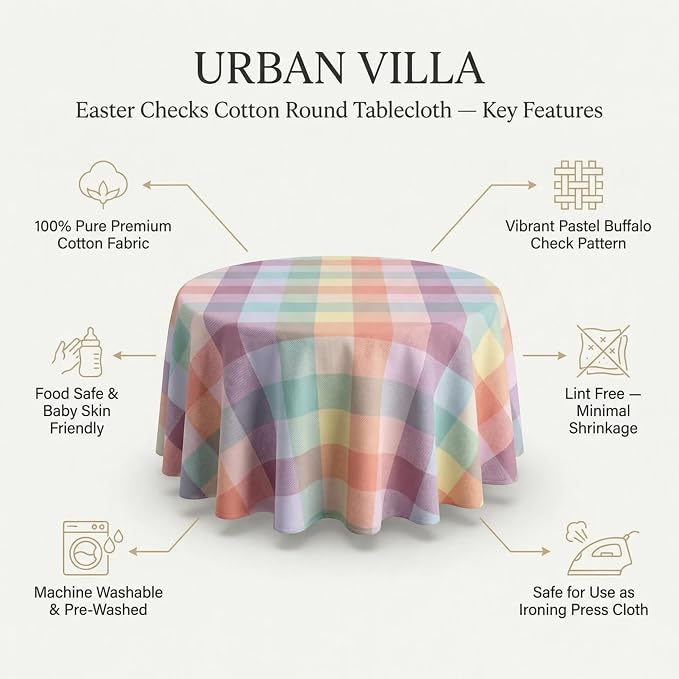 Urban Villa Easter Tablecloth Buffalo Check Table Cloth Tabletop Cover Kitchen Dining Tablecloth 100% Cotton Great Parties Wedding Holiday Dinner Easter Color Round 70 Inches 4-6 Seats Table Cloth