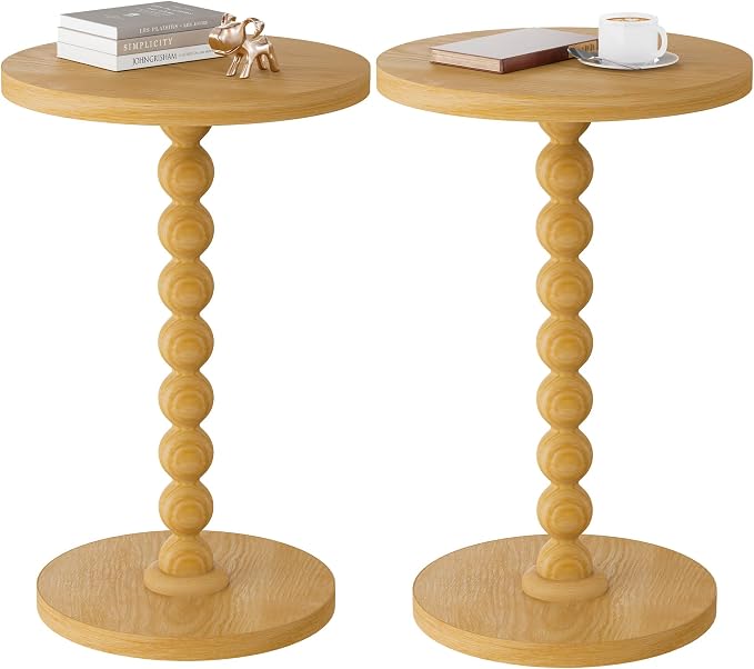 Round Side Table, Drink Table for Small Spaces, Modern Accent Nightstand with Rubberwood Leg for Living Room, Bedroom, Corners, and Office (2, Dark Natural)