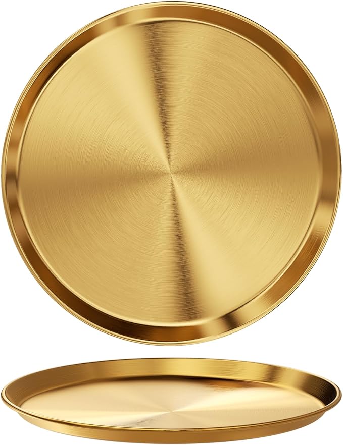 Round Gold Decorative Jewelry Tray - Small Stainless Steel Display Holder Tray Perfume Candle Key Decorative Storage Organizer for Desk Vanity Bathroom Dresser Kitchen Coffee Table (11.8'')