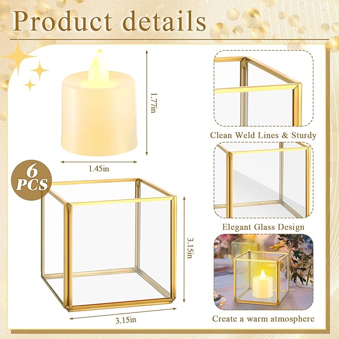 Sliner 6 Set Gold Votive Candle Holders Centerpieces 3.15 x 3.15 Inch Glass Hurricane Wedding Table Decor Gold Terrarium Geometric Lanterns Tealight Candle Holders for Vintage Wedding Table Decoration