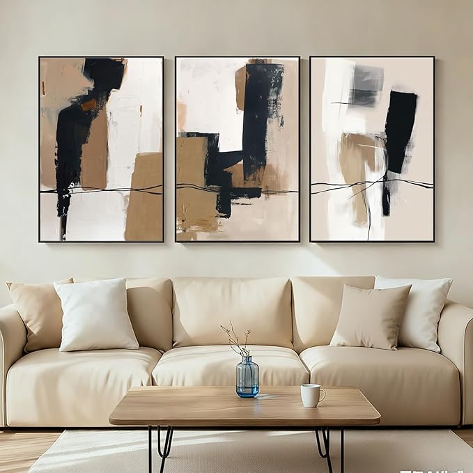 SAFERRYHOME Neutral Abstract Black and Tan Brown Wall Art Framed Canvas Prints, Mid-Century Minimalist Modern Decor Large Artwork for Living Room, Home Office, Dining Room - 3 Panels 24x36 Inch