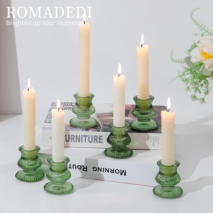 Romadedi Glass Candle Holders for Candlestick - 10 Pcs Green Ribbed Tapered Candle Holder Bulk for Table Centerpiece Christmas Decor Party Living Room Dinner Advent