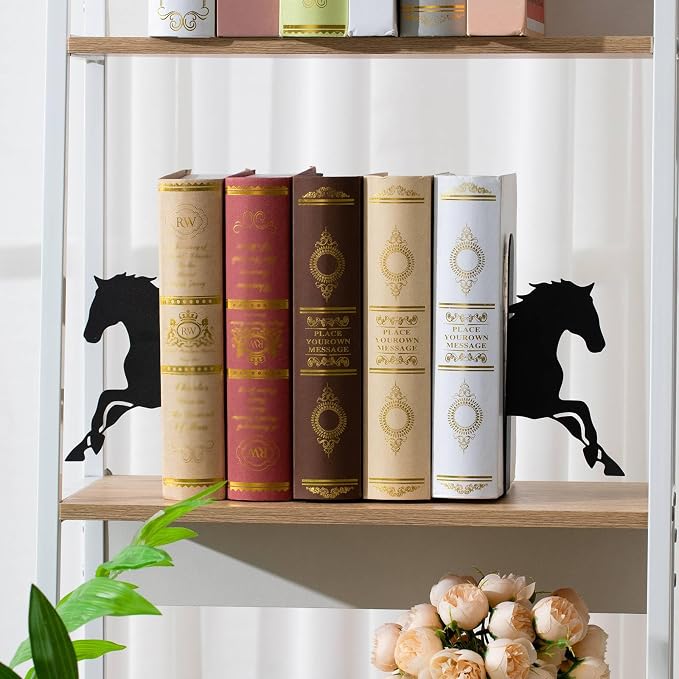 Marspark Horse Metal Bookends for Shelves Black Horse Book Ends Bookshelf Decorative Objects Home Desk Bookshelf Office Decor Gifts for Women