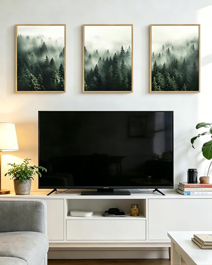 PHOPAGO Green Fog Pine Tree Framed Wall Art Nature Misty Nordic Forests Artwork Morden Paints for Living Room Hallway Decor - 12x16in Natural Framed