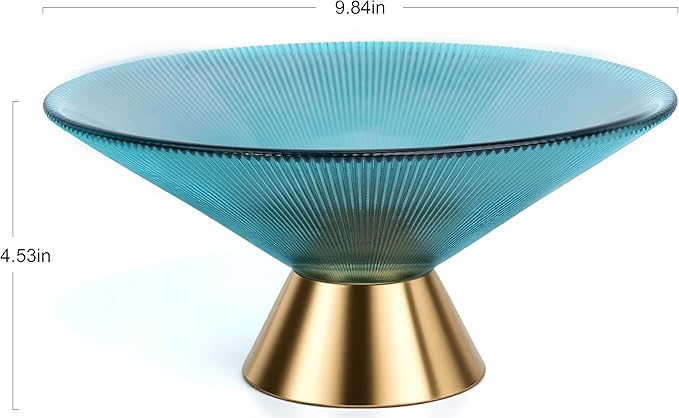 Tapered Glass Decorative Bowl (Blue), 9.8 Inches Handblown Striped Design Glass Bowl with Rust Resistant Metal Base,Decorative Fruit Bowl for Home Decor,Table Centerpiece,Kitchen Island,Dining Decor