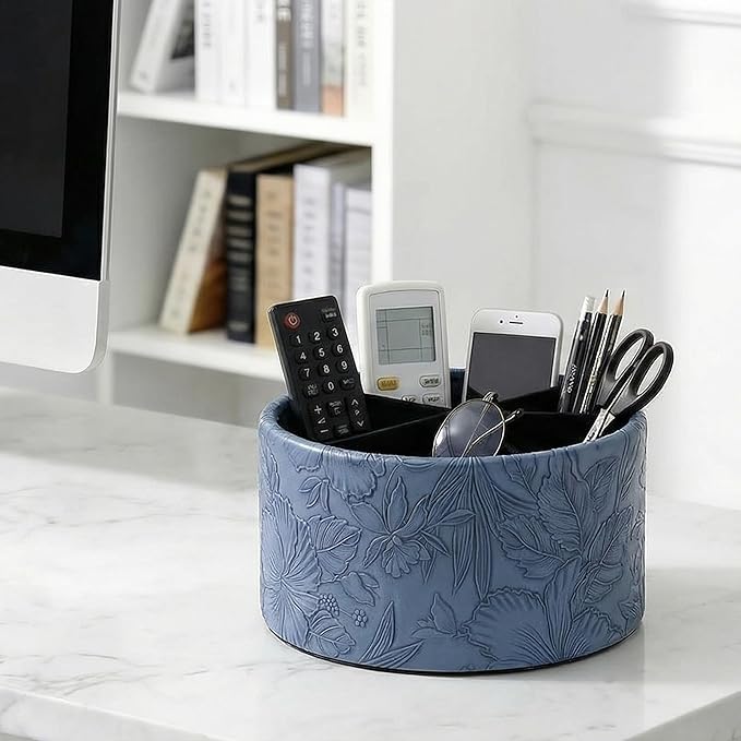 Remote Control Holder, 360°Spinning PU Leather Desk TV Remote Caddy,Desk Storage Box Room Accessories for Controller, Media,Mail,Calculator, Mobile Phone,Pencil(1-Carved Blue2)