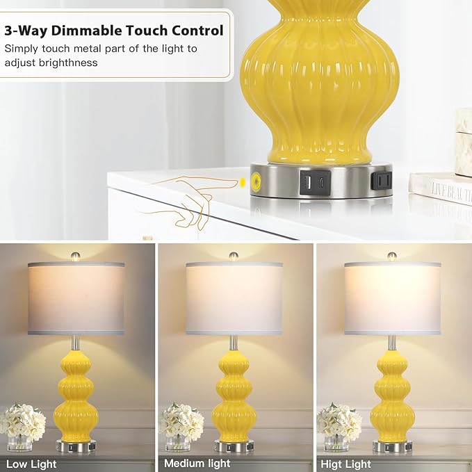 Cinyirong 26" Set of 2 Yellow Ceramic Table Lamps with USB A+C Ports & AC Outlet, 3-Way Dimmable Gourd Bedside Nightstand Lamps with White Shade for Bedroom, Living Room, Office
