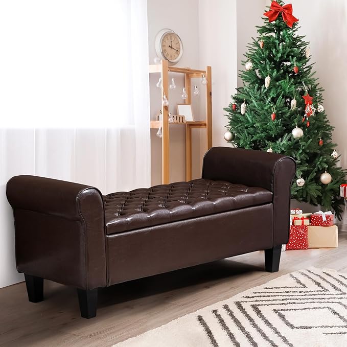 ECOTOUGE Brown Ottoman with Storage for Living Room, Leather Upholstered Bench Footrest, Rolled Arm Foot Stool for Bedroom, Brown