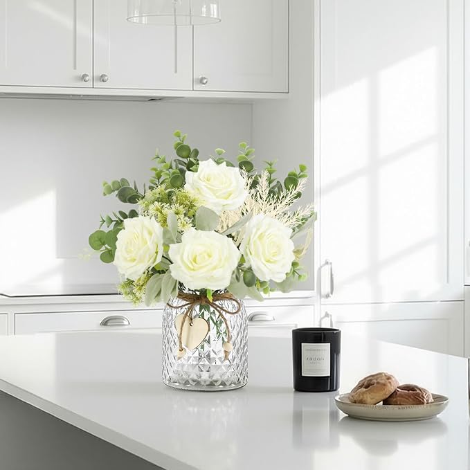 HOHOTIME Artificial Flowers with Vase, White Silk Roses Fake Flower Arrangement with Eucalyptus, Faux Plant Vase for Home Office Dining Table Centerpiece Coffee Table Decor Farmhouse Decoration