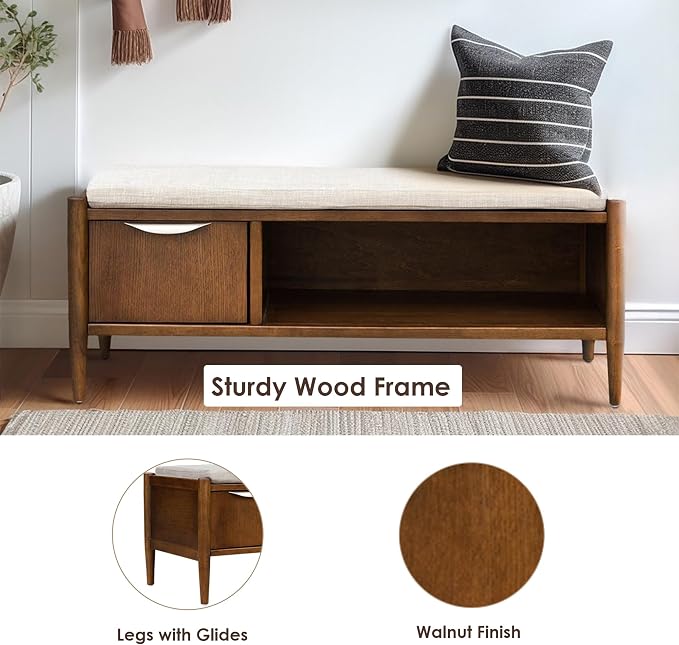 Ink+Ivy Arcadia Entryway Accent Bench with Shelf Shoe Rack, Padded Seating Bench for Living Room, Modern Compact Bed End Bench with Storage for Bedroom Seating, Removable Cushion, 42" W, Walnut Brown