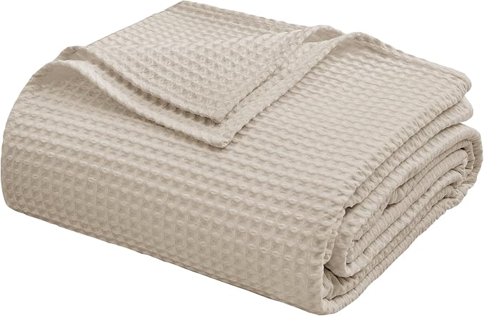 100% Egyptian Cotton Waffle Weave Throw Blanket for Bed Couch Sofa Home Decor, Soft Lightweight Bed & Couch Blanket for All Seasons (Light Khaki - King Size - 104 * 90")