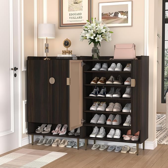 HLR Shoe Cabinet Storage for Entryway, 6-Tiers Modern Shoes Cabinet with Fluted Doors, Wood Shoes Rack with Adjustable Shelves, Shoe Organizer for Front Door Entrance, Living Room, Brown