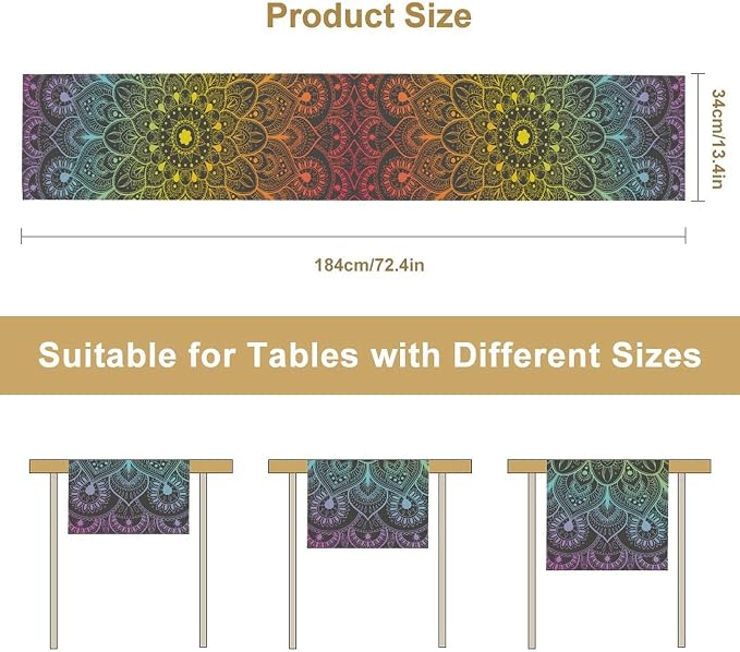YCness Retro Ethnic Boho Table Runner, Mandala Hippie Art Mandala Rainbow Colorful Dining Room Kitchen Living Room Party Holiday, 13x36 Inch