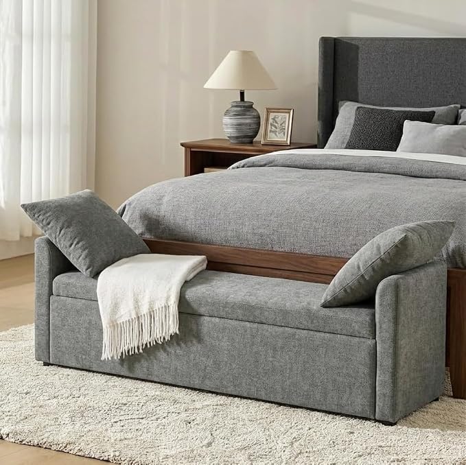 HULALA HOME 59" Storage Bench with 2 Throw Pillows, Modern Long Bedroom Bench for End of Bed, Comfy Upholstered Footstool for Entryway Living Room, Charcoal