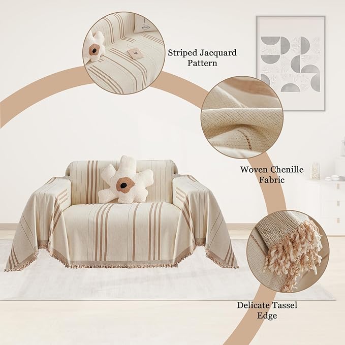 DREAMINGO Chenille Armchair Cover Jacquard Sofa Covers Washable Furniture Protector Recliner Couch Cover 1 Cushion Reversible Chair Cover Beige Coffee Striped Couch Cover Blanket 71"x 71"