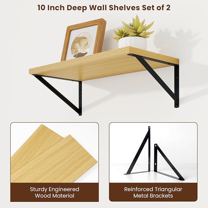Axeman Deep Floating Shelves | 20 Inch Oak Wall Shelves Set of 2 | 10 Inch Deep Rustic Wood Shelves for Wall | 20'' W x 10''D Oak Shelves for Living Room Bathroom Kitchen