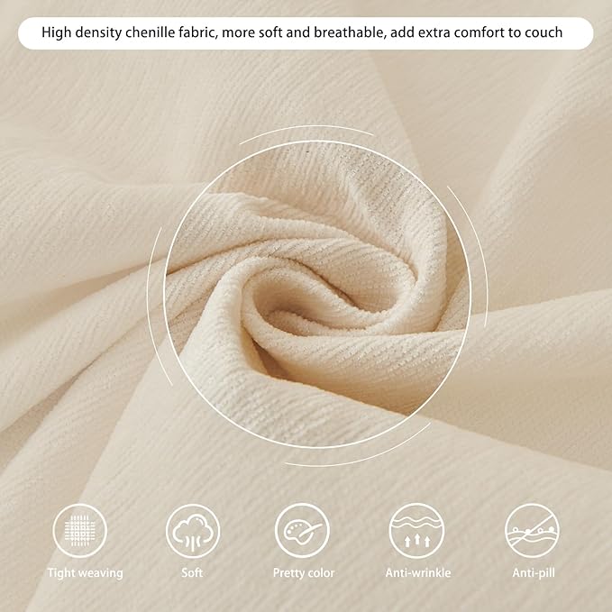 DREAMINGO Sofa Covers Washable Thick Chenille Couch Cover for 3 Cushion Couch Sofa Multi-Use Couch Cover Blanket Modern Pet Furniture Protector Sectional Couch Slipcover 91"x134", Beige White