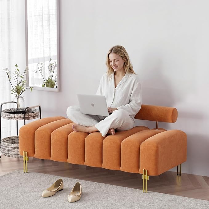 Modern Bed Bench with Adjustable Back, 52.2" Channel Tufted Velvet Ottoman for Bedroom, Living Room, Entryway, Orange