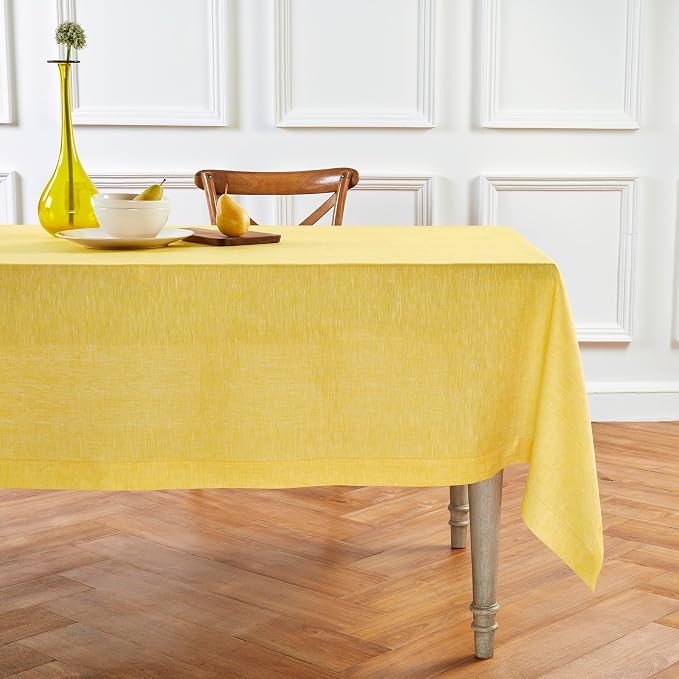 Solino Home Linen Tablecloth 54 x 72 Inch - 100% Pure Linen Chambray Lemon Yellow Table Cloth for Rectangle Tables - Athena, Machine Washable Tablecloth for Summer