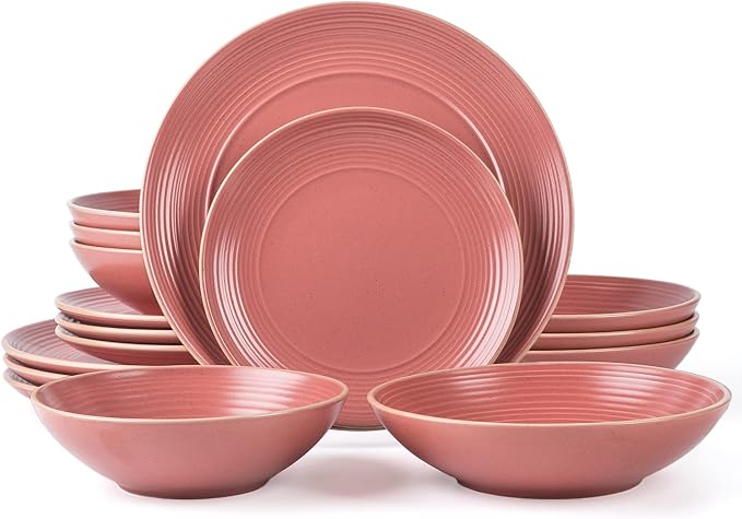 Arora RINGAR Round Stoneware 16pc Double Bowl Dinnerware Set for 4, Dinner Plates, Side Plates, Cereal Bowls, Pasta Bowls - Speckle Matte Red (395438)