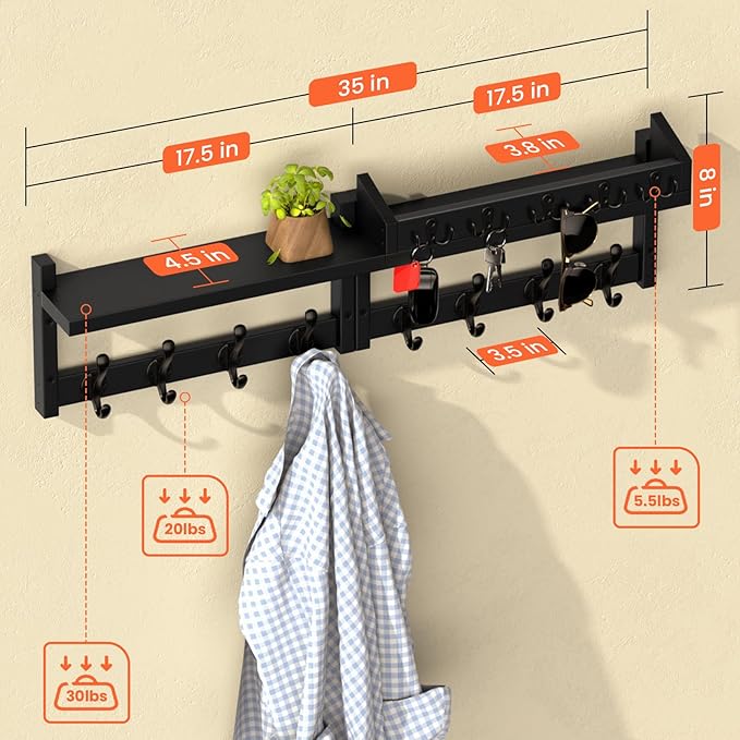 35'' Black Coat Rack Wall Mount with Shelf, Solid Wood Coat and Key Hanger with 13 Metal Hooks, Farmhouse Wall Organizer for Mail, Entryway Wall Hangers for Hats, Clothes, Backpacks