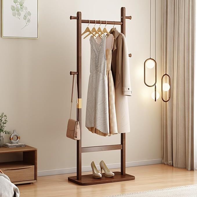 CHANCEE Solid Wood Coat Rack, Freestanding Clothes Rack with Shoe Storage, Heavy-Duty Hall Tree with 5 Hooks, Corner Coat & Hat Stand for Bedroom, Entryway, Living Room, Hotel