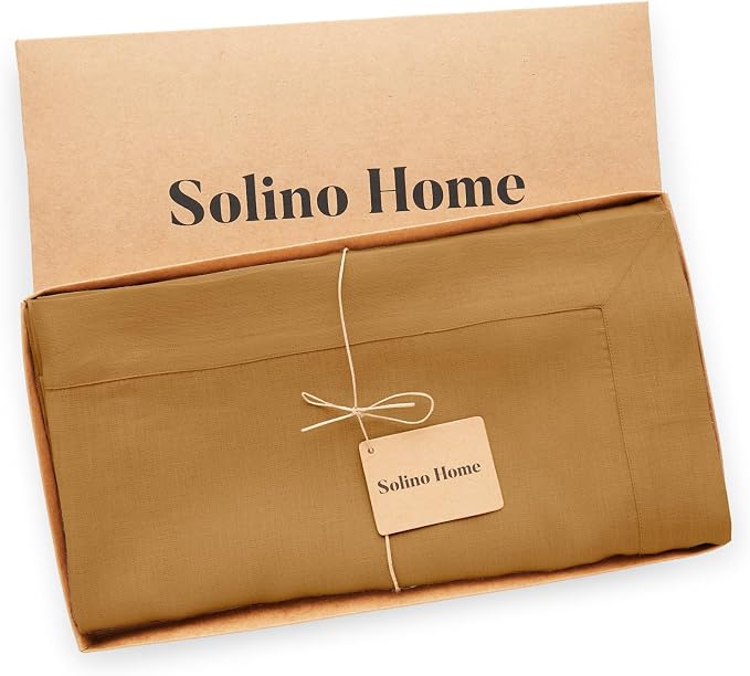 Solino Home Linen Tablecloth for Rectangle Tables 60 x 90 Inch - 100% Pure Linen Caramel Table Cloth - Fete, Machine Washable Cloth Tablecloth for Summer