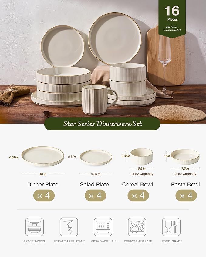 Famiware Star 16-Piece Stoneware Dinnerware Sets with Trim, Service for 4 - Shallow Pasta Bowls & Flat Plates, Modern Rustic Ribbed Dishes, Chip & Scratch Resistant, Microwave & Dishwasher Safe, White