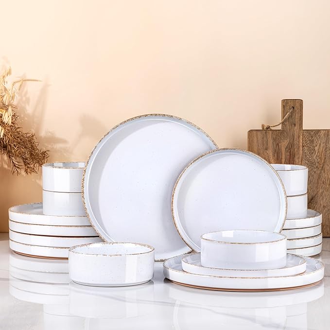 AmorArc Ceramic Dinnerware Sets for 4, 12 Pieces Handpainted Plates and Bowls Set with Rustic Terracotta Underside, Scratch Resistant Stoneware Dishes Set, Dishwasher & Microwave Safe