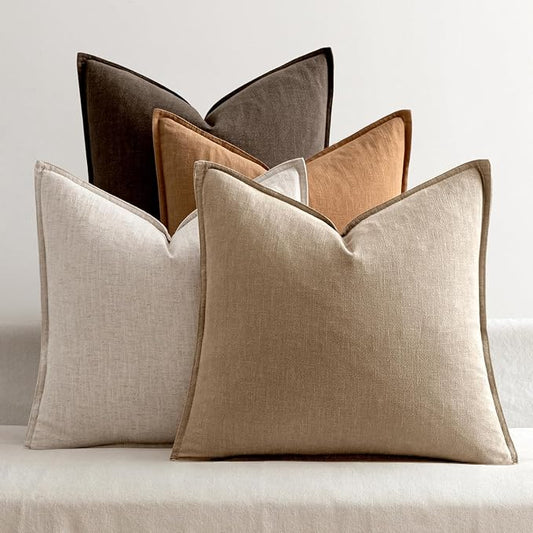 MIULEE Neutral Brown Linen Pillow Covers Pack of 4 Decorative Natural Fall Throw Pillow Covers Soft Accent Boho Farmhouse Couch Pillowcases Modern Spring Decor for Living Room Bed Sofa 16x16 Inch