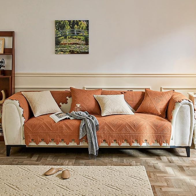 vctops Neutral Cotton Quilted Couch Sofa Cover Floral Embroidery Non-Slip Sectional Couch Covers Soft Cozy Sofa Slipcover for Dogs Cats Pet Armrest Backrest Cover (Brown Orange,43"x63")